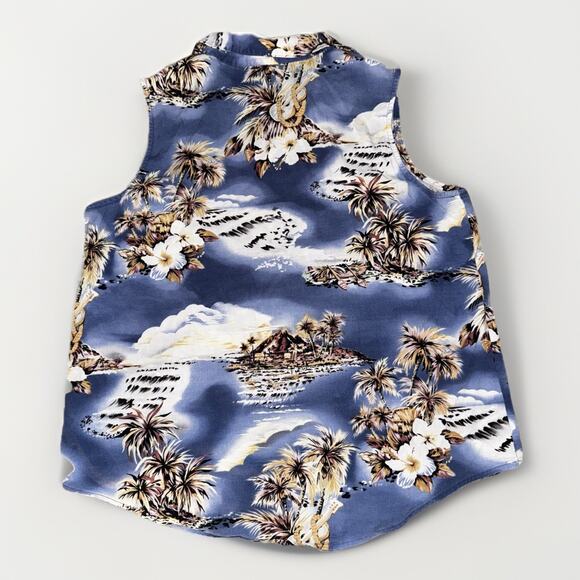 Vintage Hilo Hattie Sleeveless LG Shirt Blue Island Hawaii Button Floral Collar - Picture 2 of 5